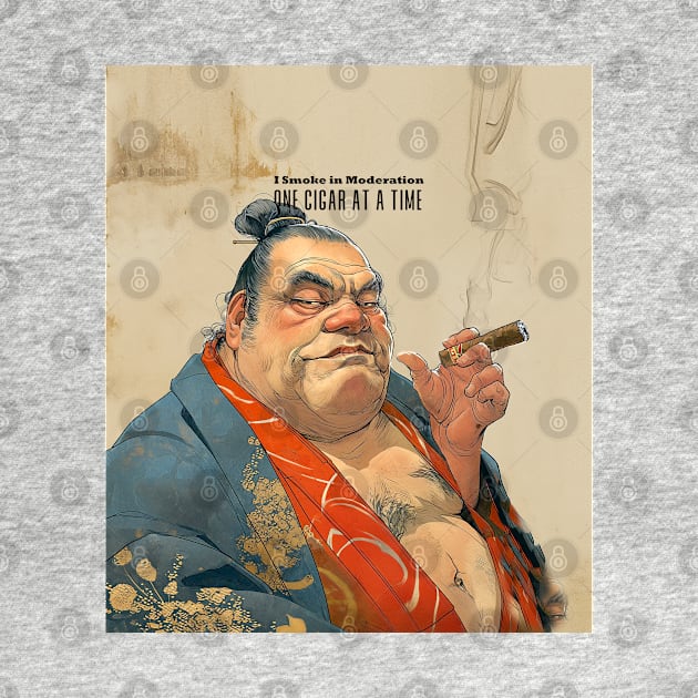 Puff Sumo Smoking a Cigar: "I Smoke Cigars in Moderation; One Cigar at a Time" on a light background by Puff Sumo